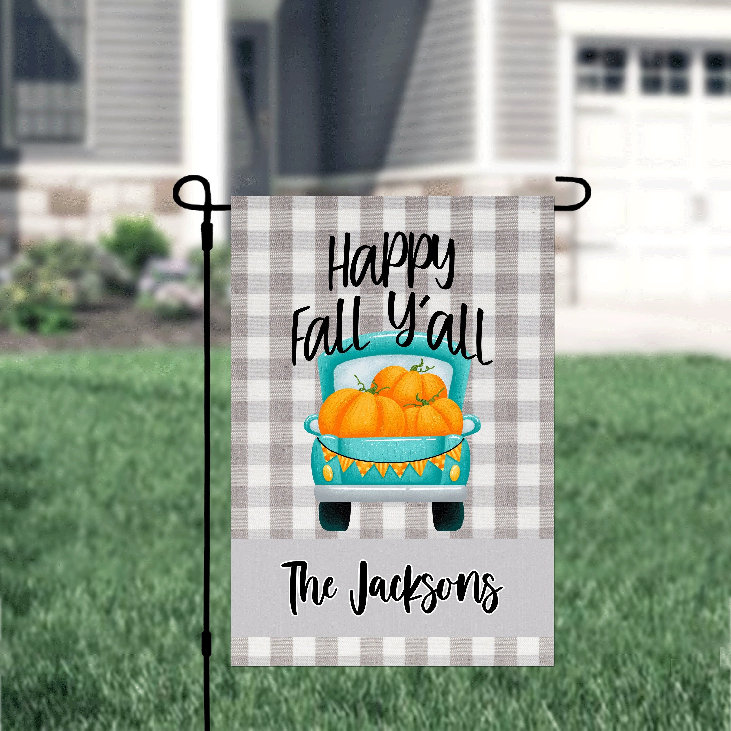 Happy Fall Y'all Gray Plaid Truck Pumpkin Personalized Garden Flag Welcome Fall Personalized Garden Flag
