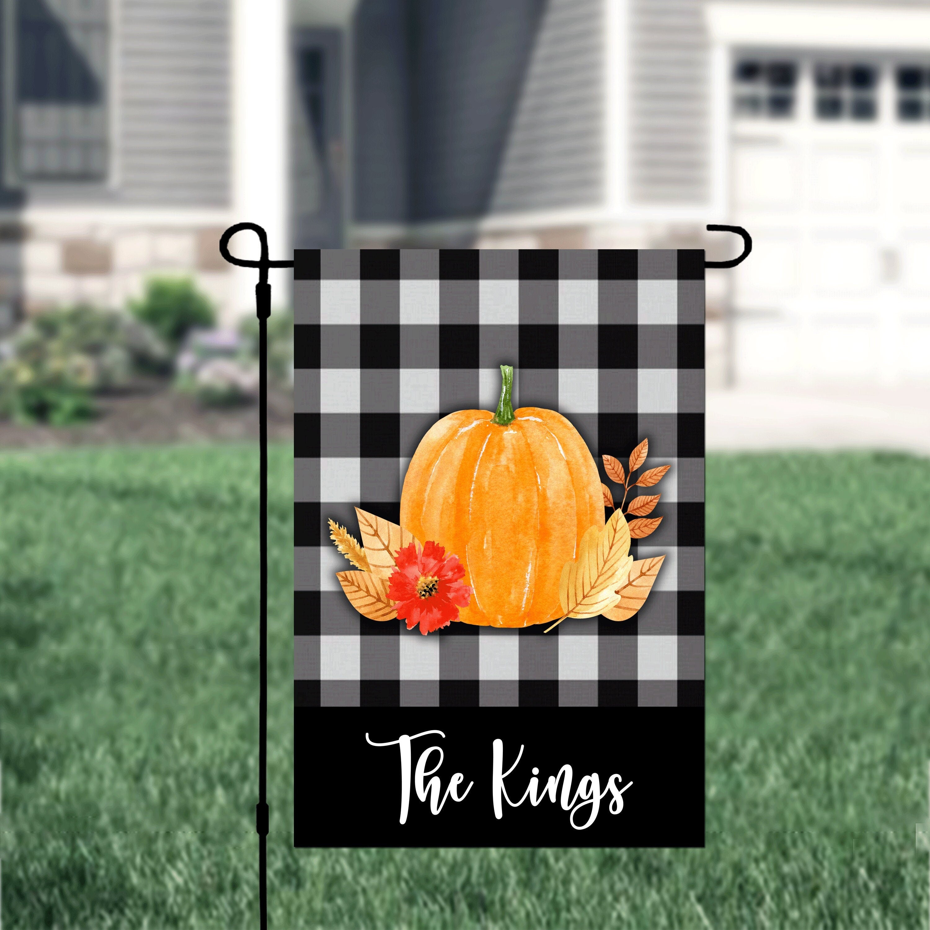 Fall Black Plaid Pumpkin Personalized Garden Flag Welcome Fall Buffalo Plaid Garden Flag