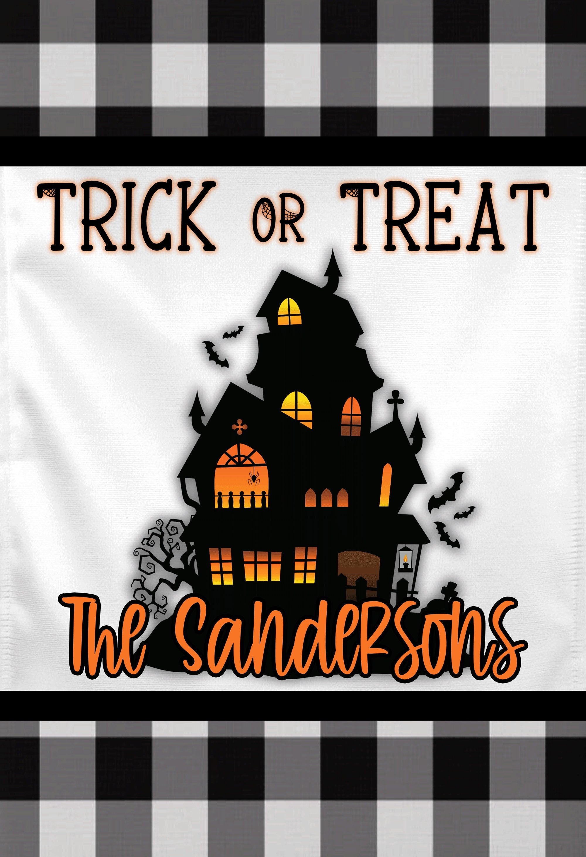 Black Plaid Halloween Haunted House Personalized Garden Flag Welcome Halloween Garden Flag