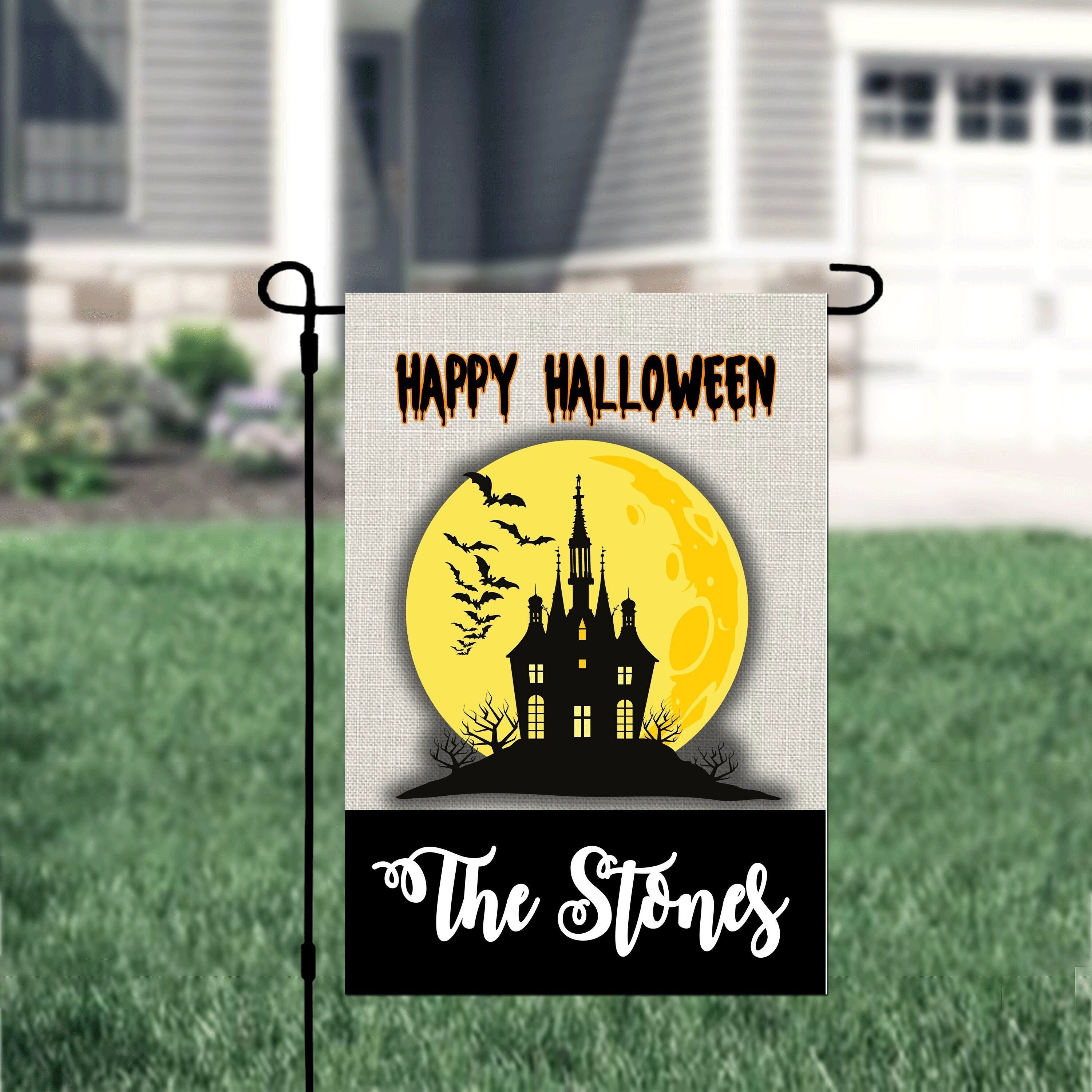 Halloween Haunted House Yellow Personalized Garden Flag Welcome Halloween Garden Flag