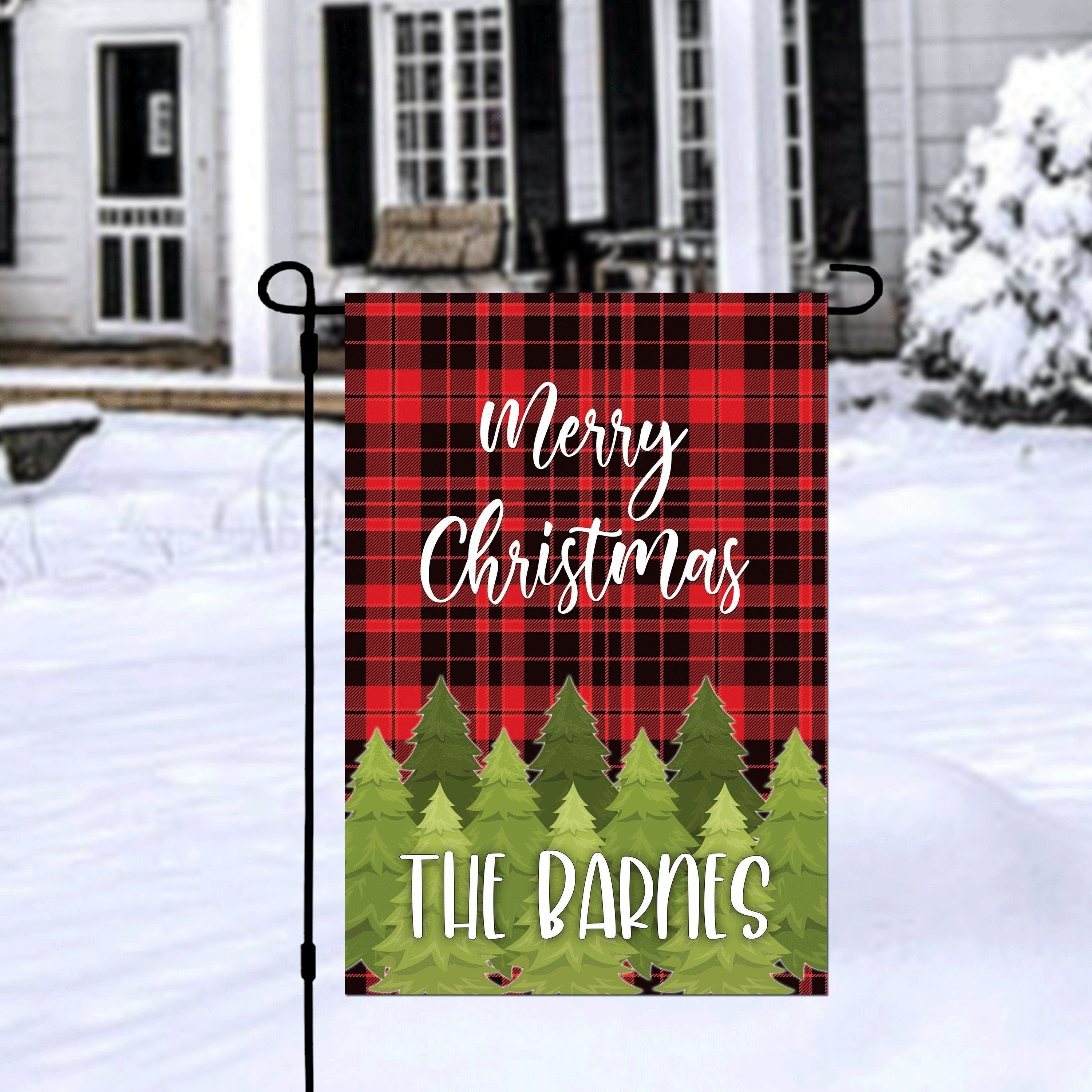 Merry Christmas Red Plaid Personalized Garden Flag, Custom Holiday Garden Flag