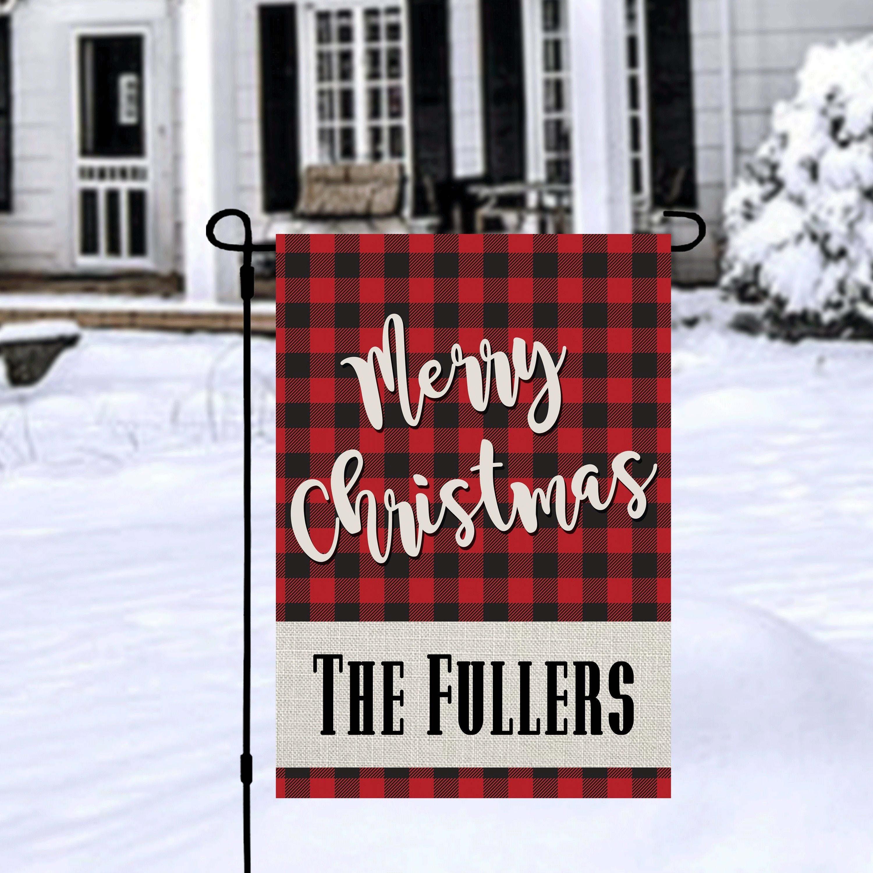 Merry Christmas Custom Garden Flag Black Red Buffalo Plaid