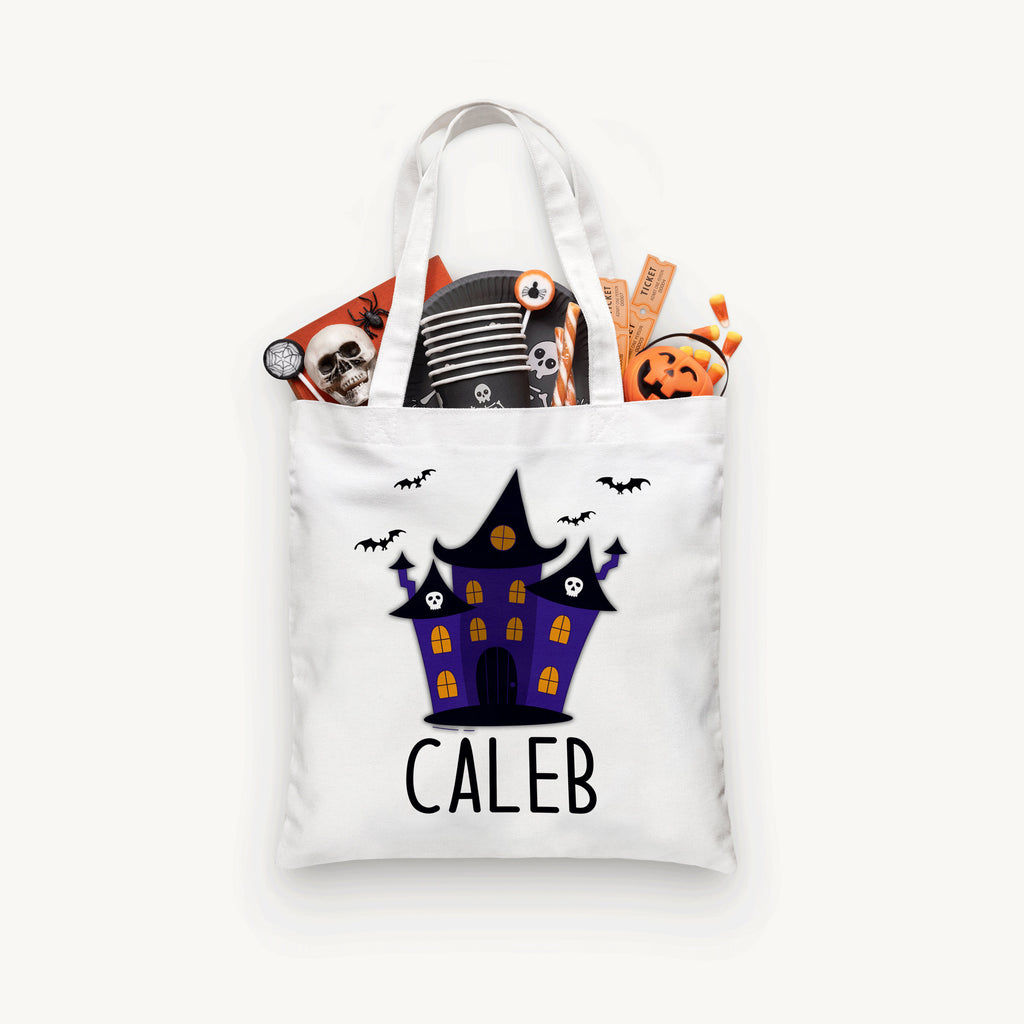 Personalized Haunted House Bat Trick or Treat Bag, Personalized Halloween Bag ,Custom Kids Halloween Bag