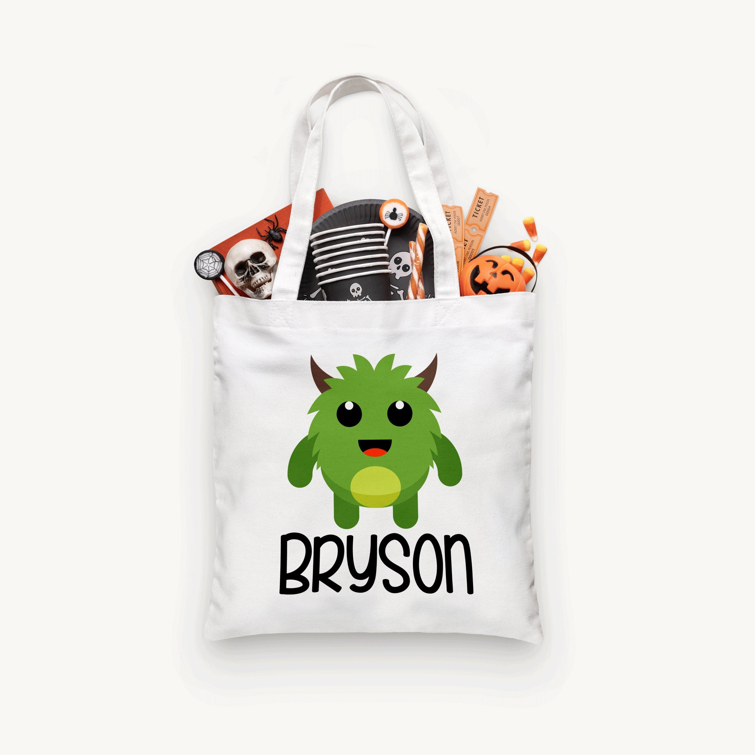 Personalized Green Monster Trick or Treat Bag, Personalized Halloween Bag ,Custom Kids Halloween Bag