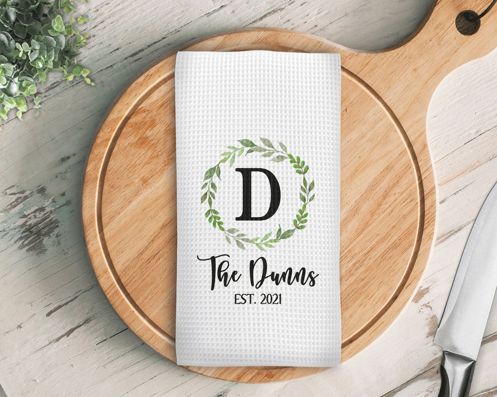 Personalized Green Wreath Kitchen Towel, Family Name Waffle Weave Custom Kitchen Towel