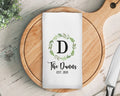 Personalized Green Wreath Kitchen Towel, Family Name Waffle Weave Custom Kitchen Towel