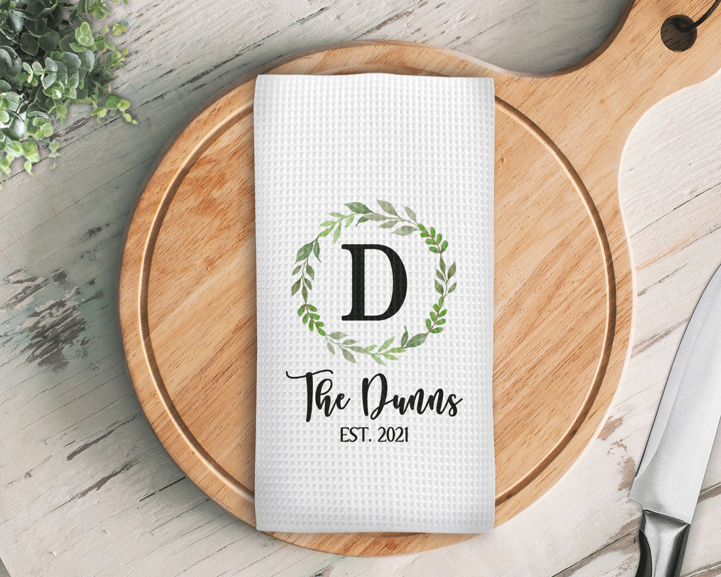Personalized Green Wreath Kitchen Towel, Family Name Waffle Weave Custom Kitchen Towel