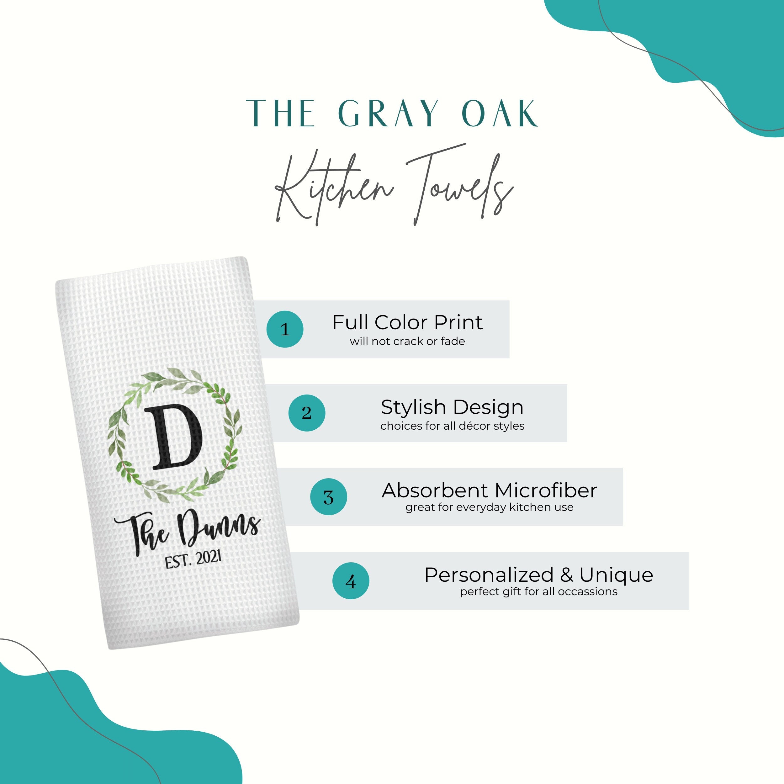 Personalized Name Kitchen Towel, Couple Name Half Wreath Waffle Weave Custom Kitchen Towel