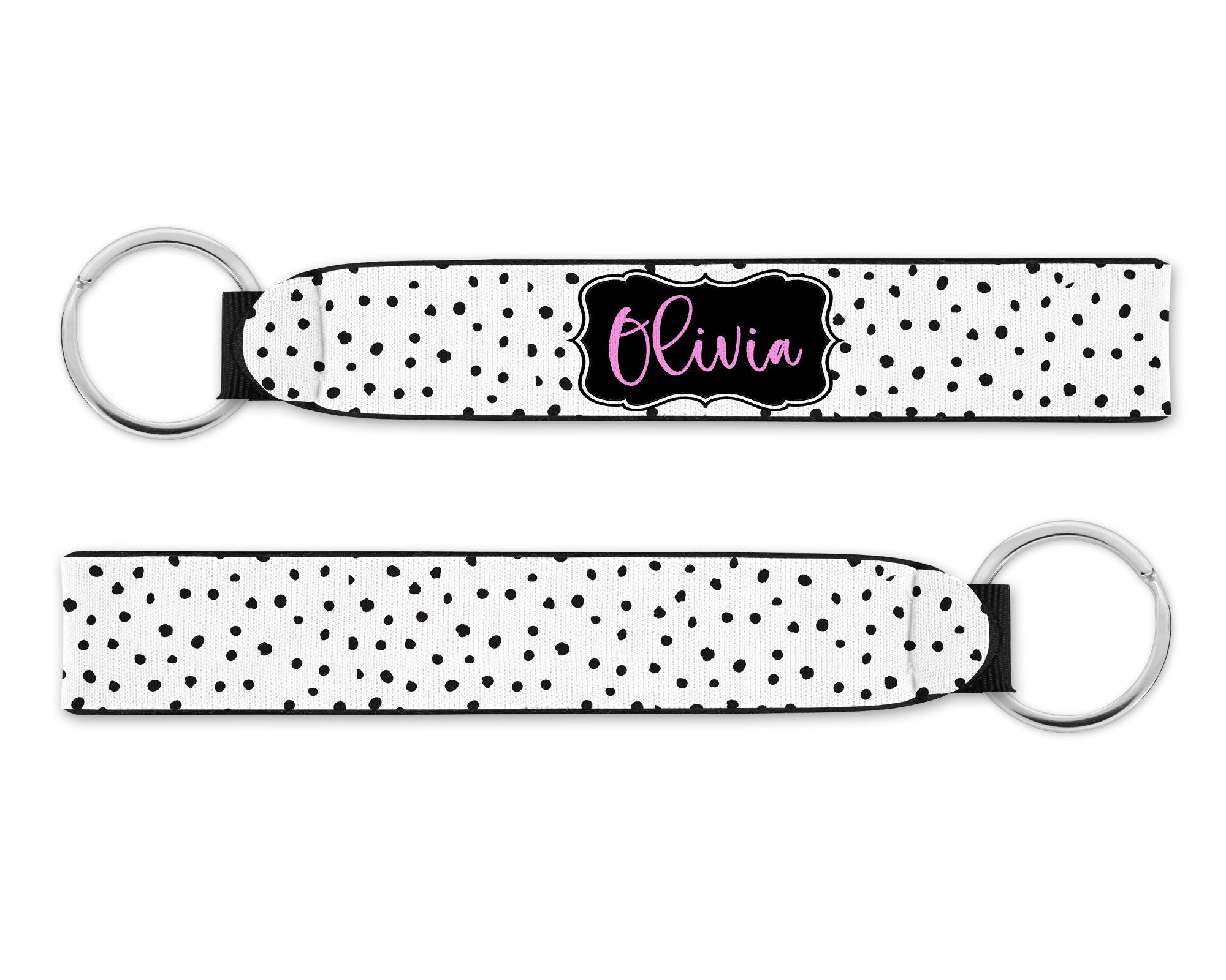 Personalized Wristlet Keychain, White Polka Dot Key Fob, Custom Keychain