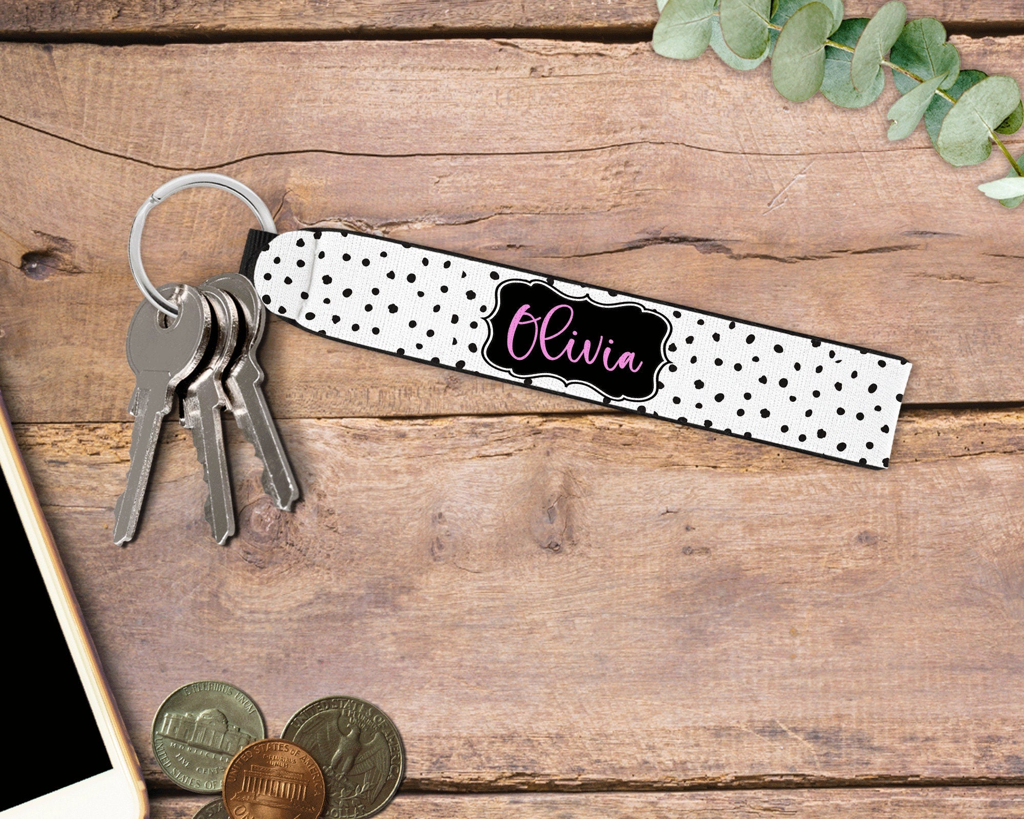 Personalized Wristlet Keychain, White Polka Dot Key Fob, Custom Keychain