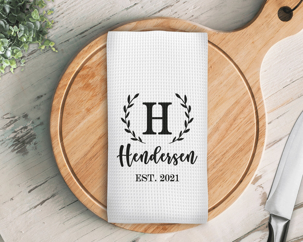 Personalized Name Kitchen Towel, Black Wreath Family Name Waffle Weave Custom Kitchen Towel
