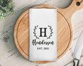 Personalized Name Kitchen Towel, Black Wreath Family Name Waffle Weave Custom Kitchen Towel