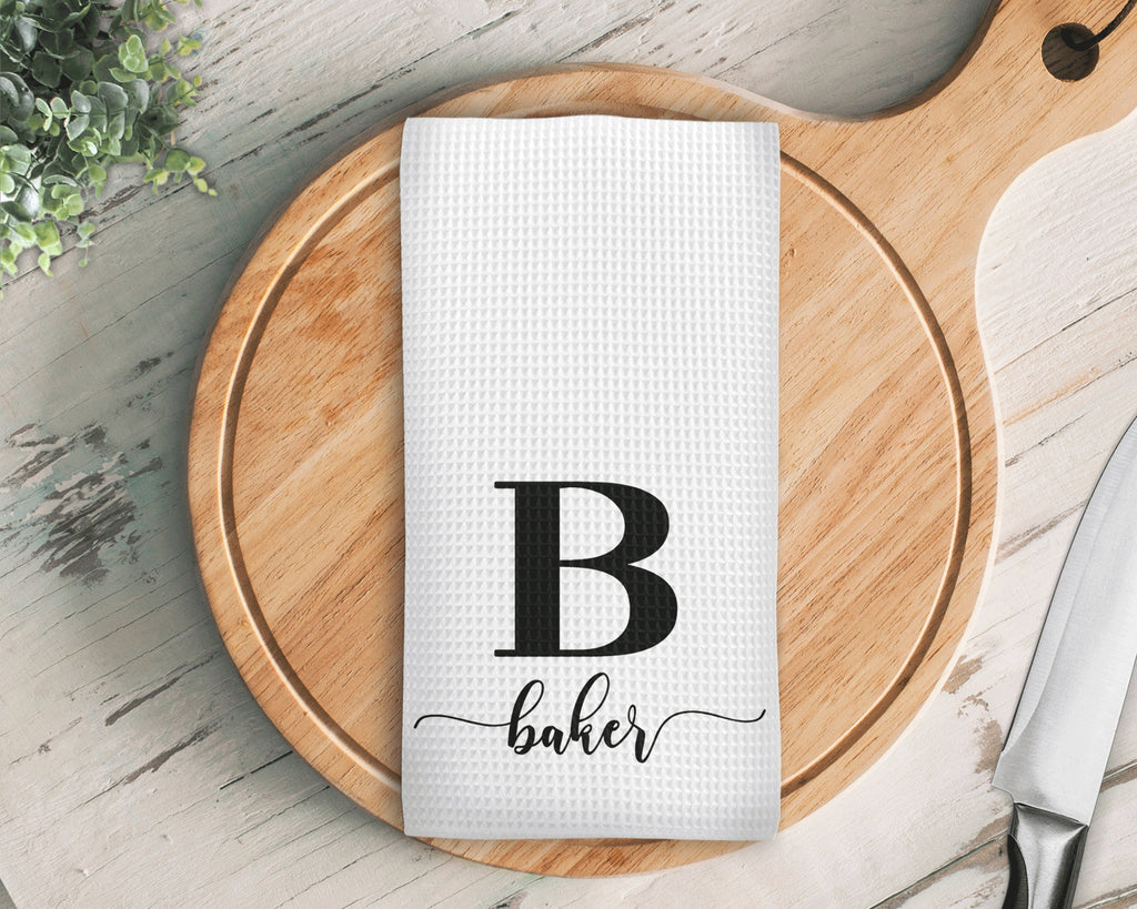 Personalized Name Kitchen Towel, Large Initial & Family Name Waffle Weave Custom Kitchen Towel