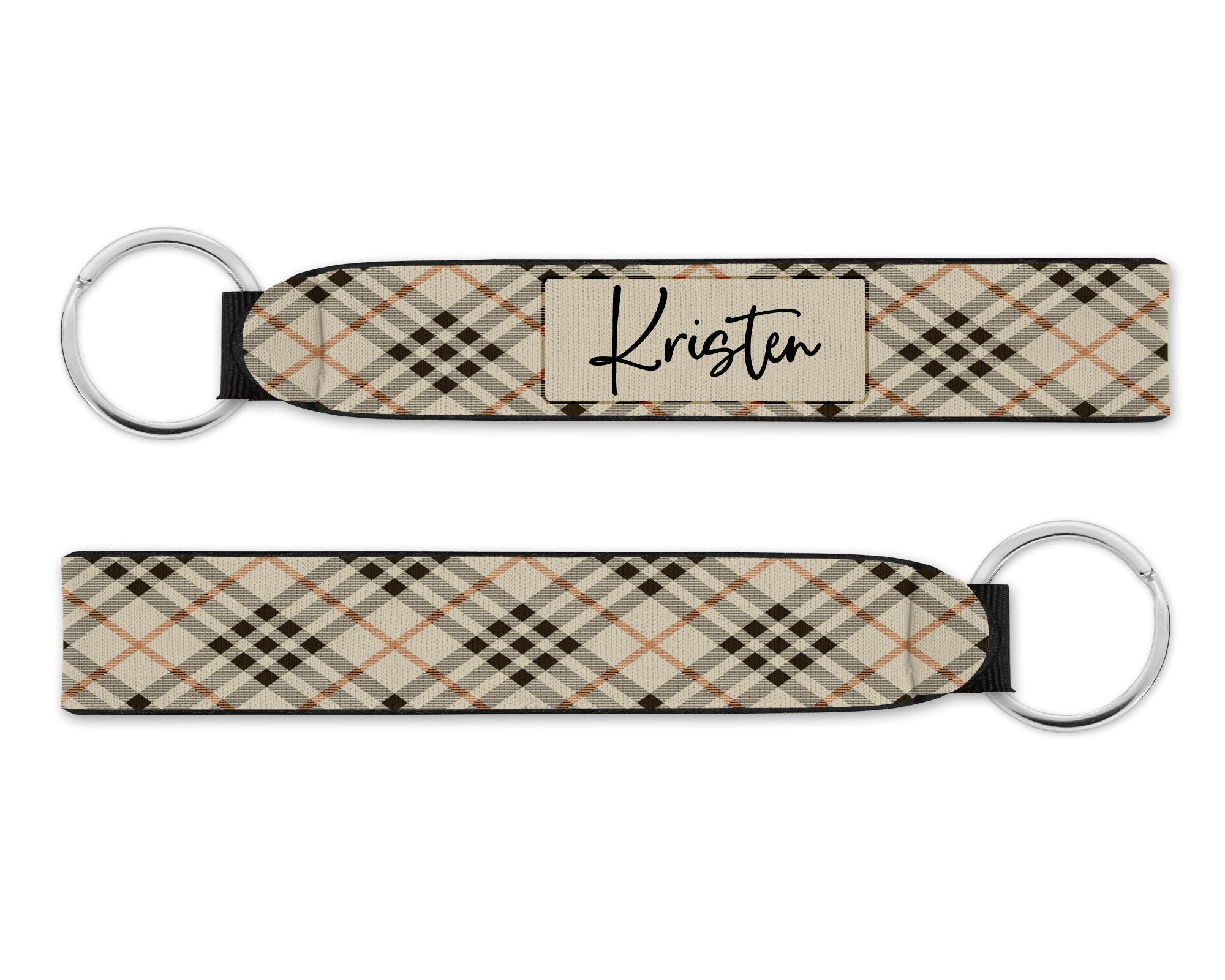 Personalized Wristlet Keychain, Tan Plaid Key Fob, Custom Keychain
