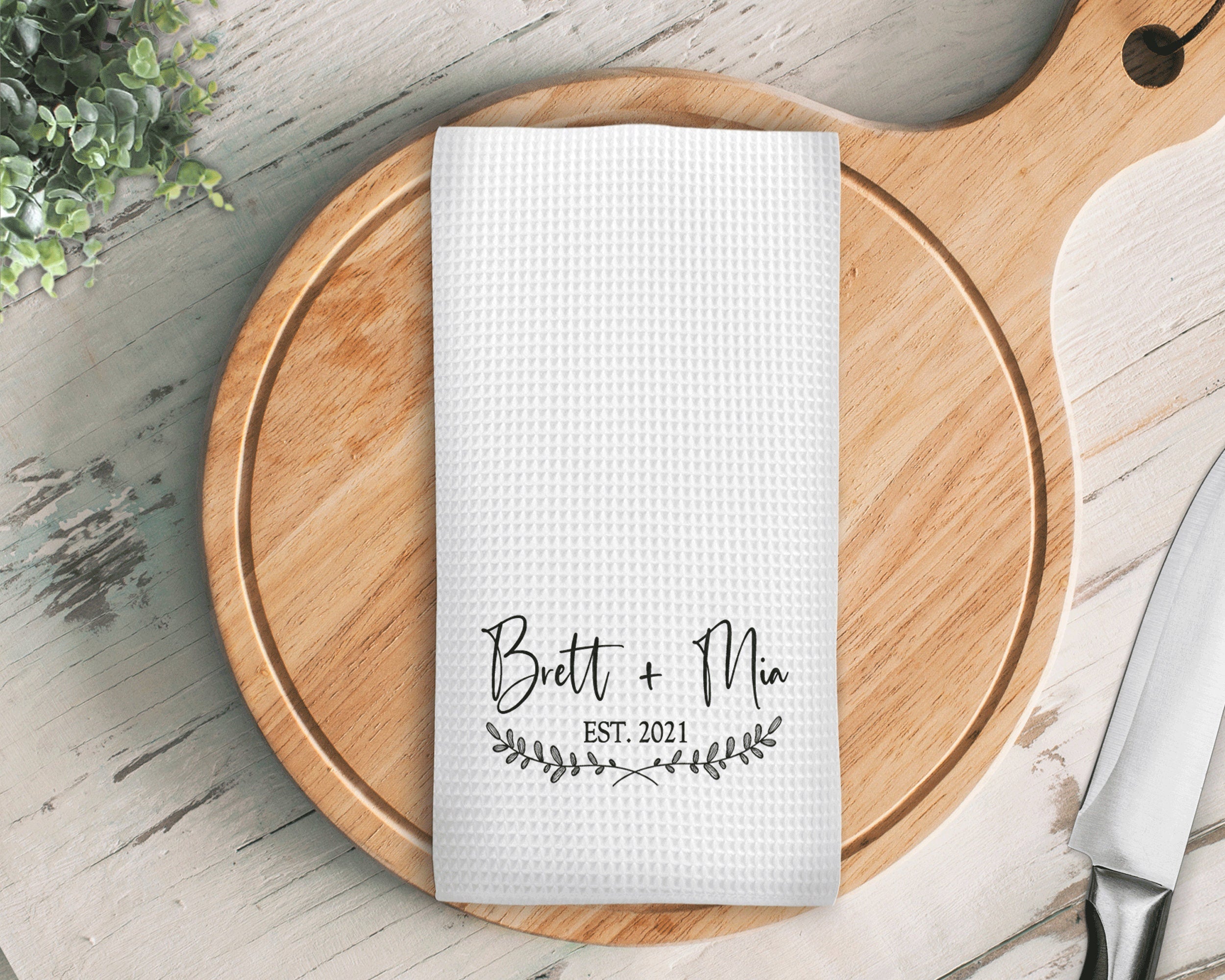 Personalized Name Kitchen Towel, Couple Name Half Wreath Waffle Weave Custom Kitchen Towel