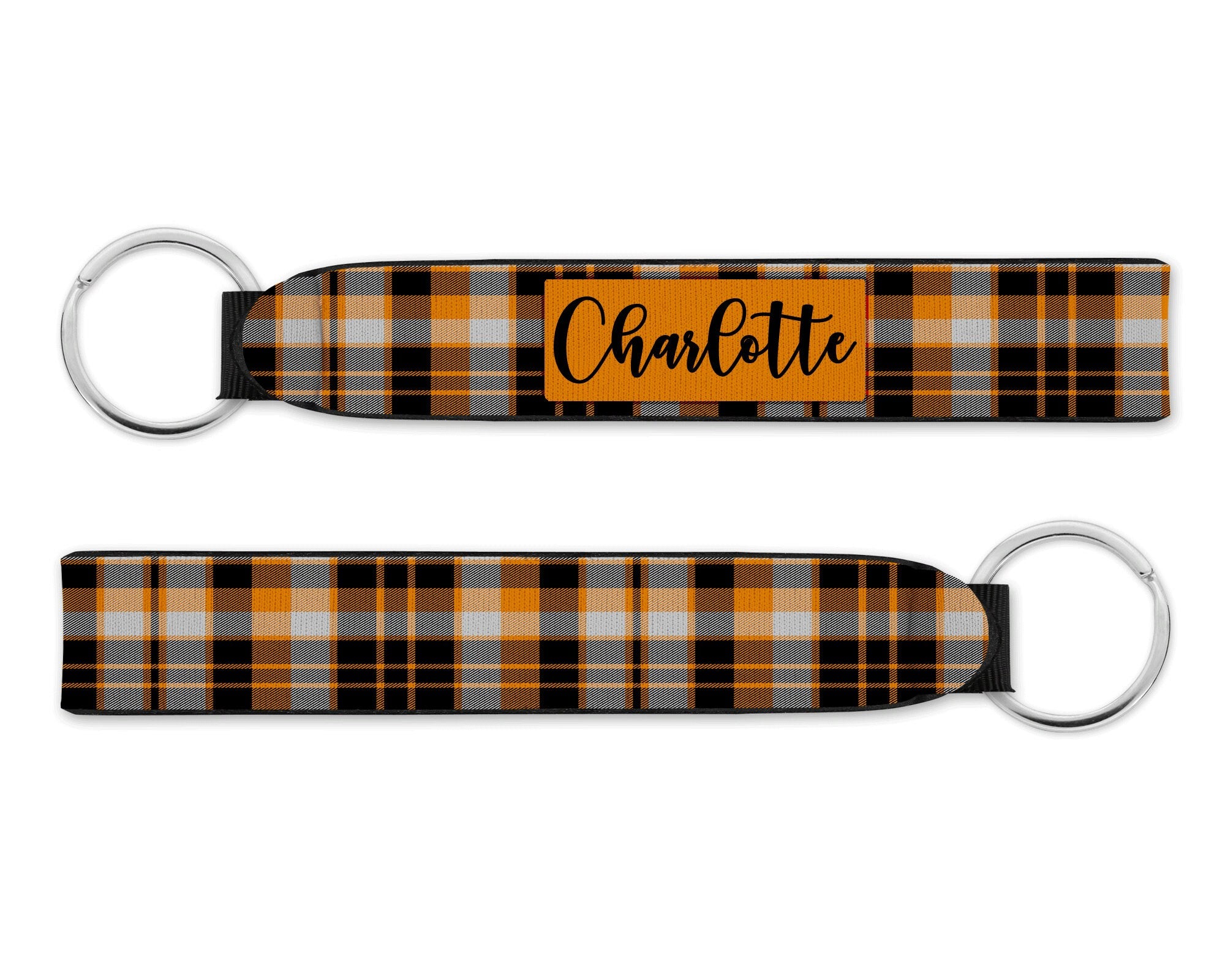 Personalized Wristlet Keychain, Orange Plaid Key Fob, Custom Keychain