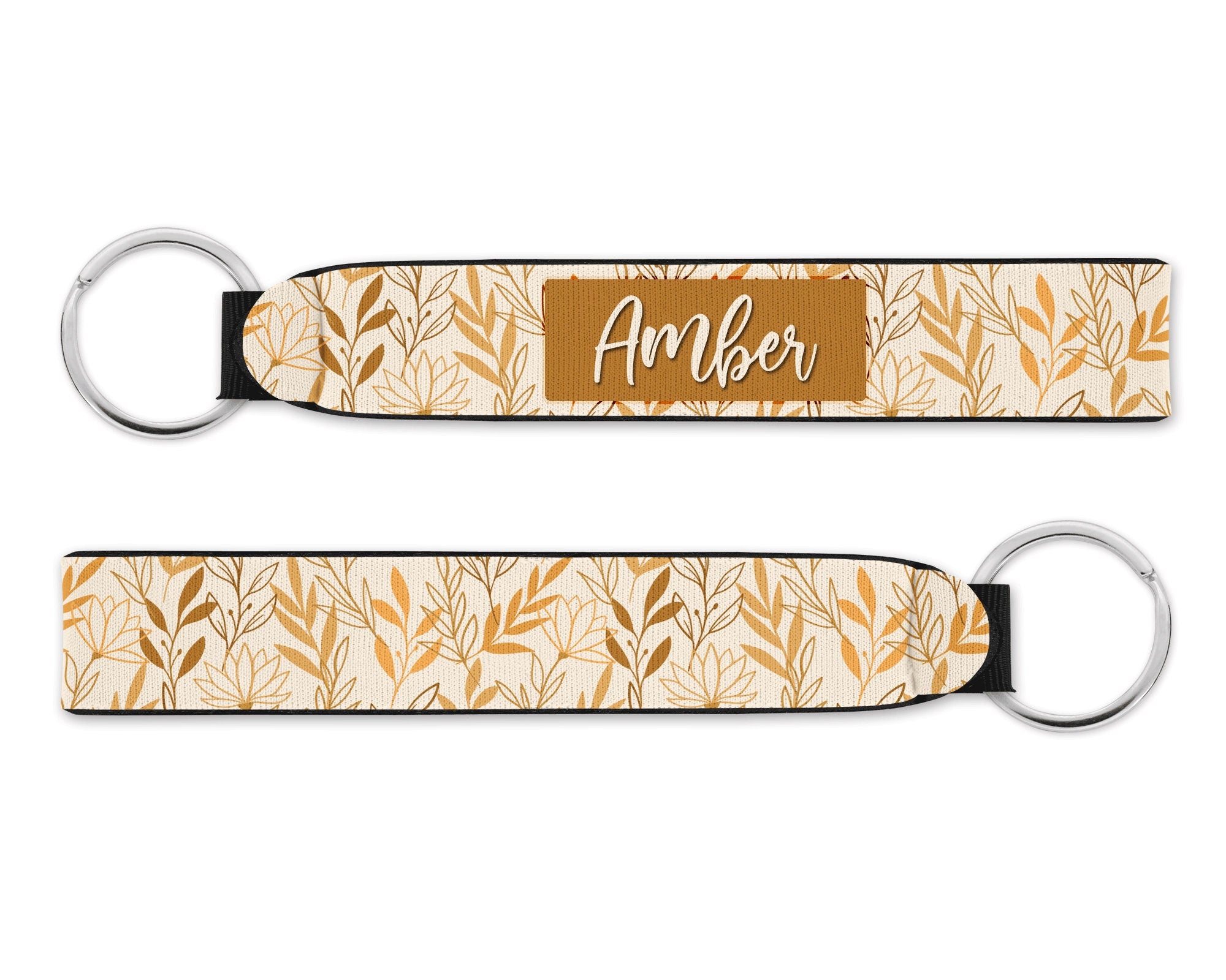 Personalized Wristlet Keychain, Tan Leaves Floral Key Fob, Custom Keychain