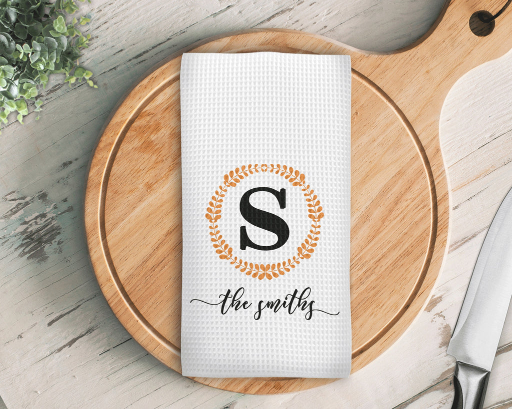 Personalized Name Kitchen Towel, Fall Wreath Initial Name Waffle Weave Custom Kitchen Towel