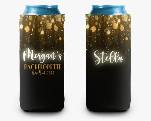 Bachelorette Party Can Cooler Black Gold Confetti Can Cooler Bridal Party Personalized Can Cooler Sleeve