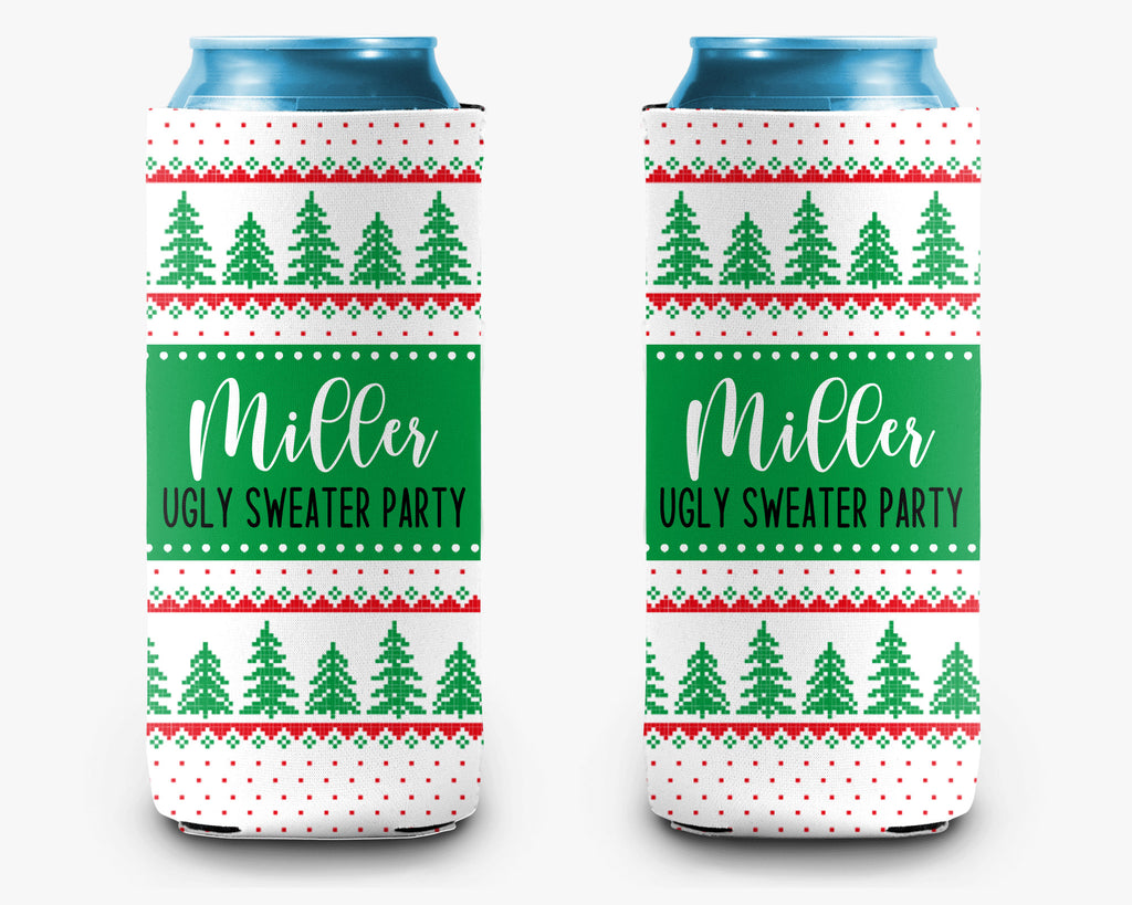 Ugly Christmas Sweater Event Can Cooler, Holiday Sweater White Green Personalized Can Cooler Sleeve
