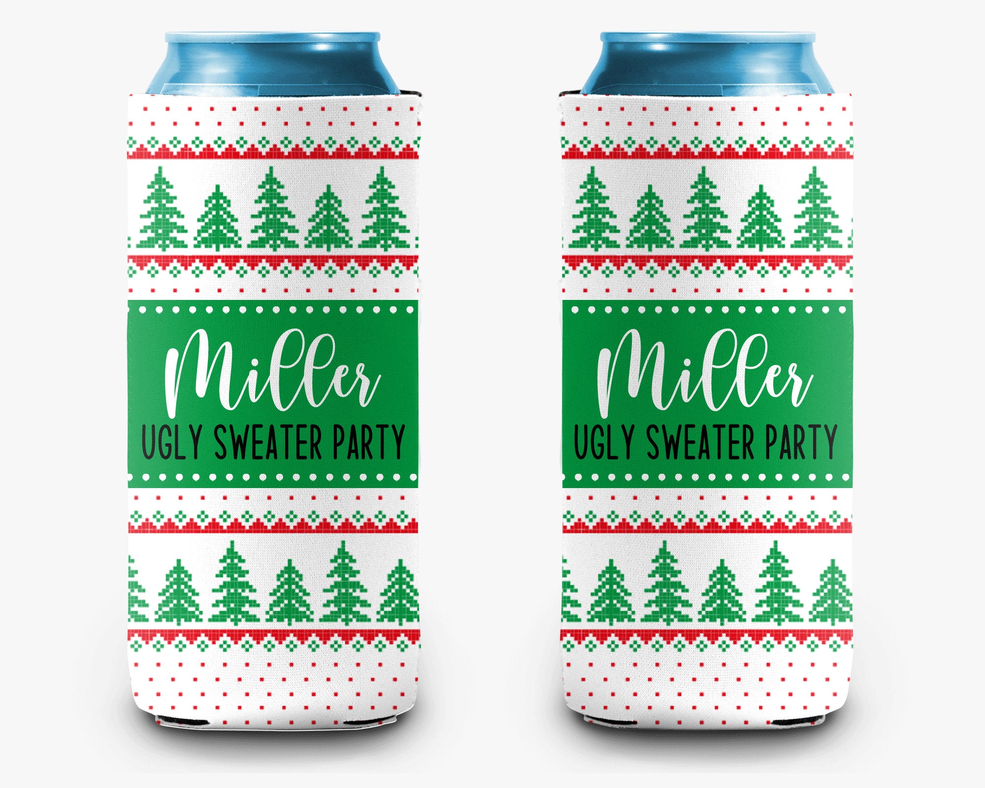 Ugly Christmas Sweater Event Can Cooler, Holiday Sweater White Green Personalized Can Cooler Sleeve