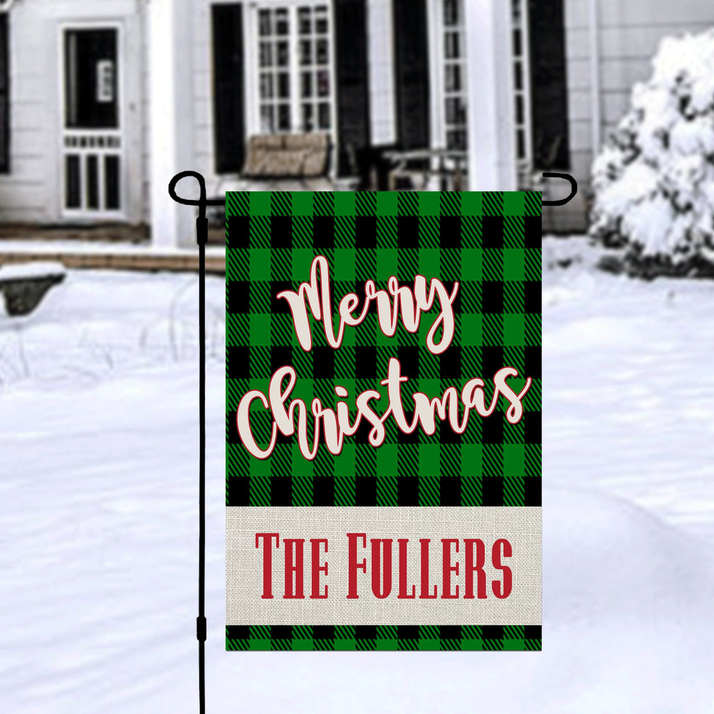 Merry Christmas Custom Garden Flag Linen Black Green Buffalo Plaid