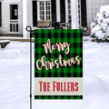 Merry Christmas Custom Garden Flag Linen Black Green Buffalo Plaid