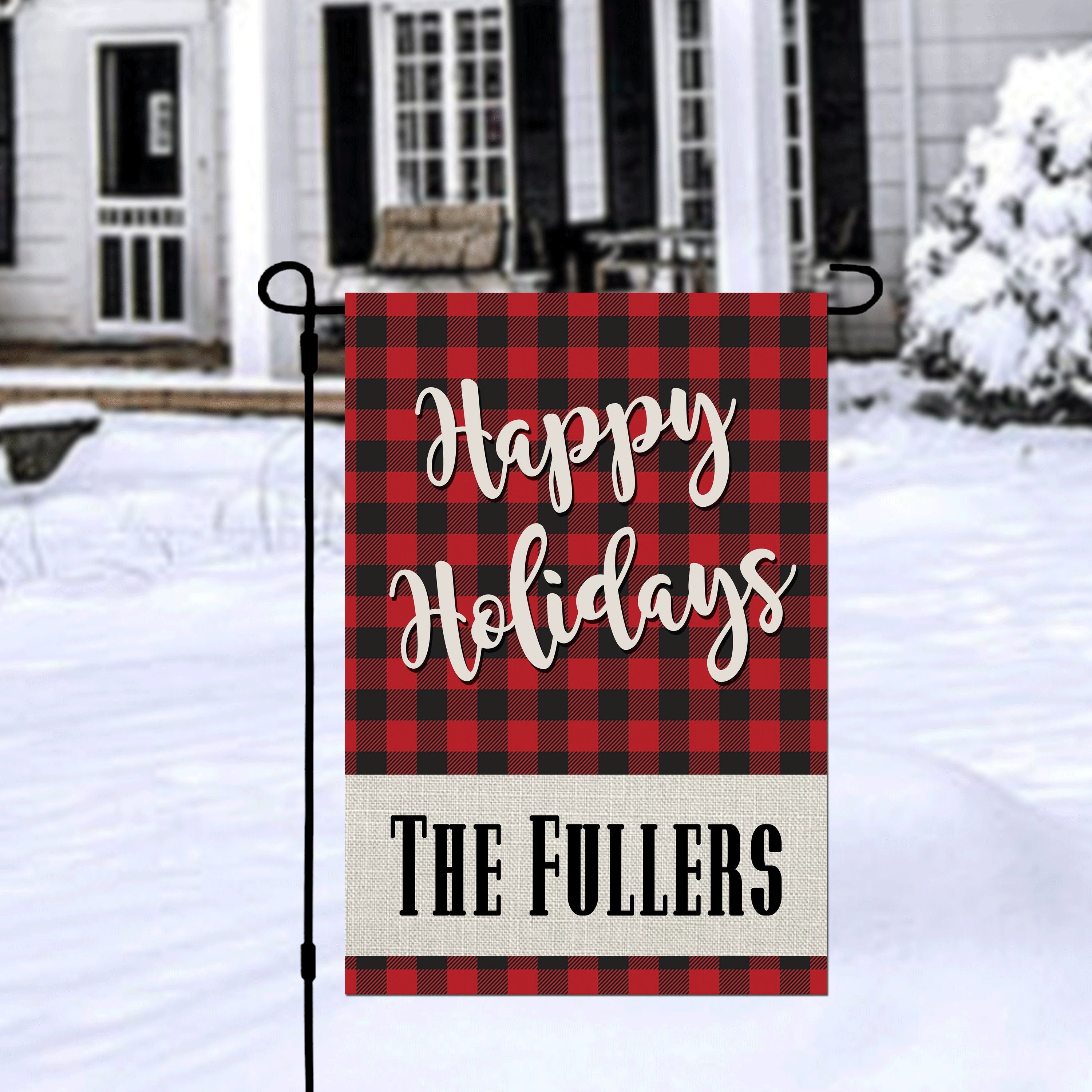 Happy Holidays Custom Personalized Garden Flag Black Red Buffalo Plaid