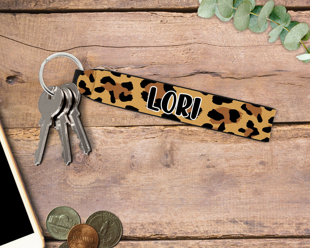 Personalized Wristlet Keychain, Brown Cheetah Key Fob, Custom Keychain