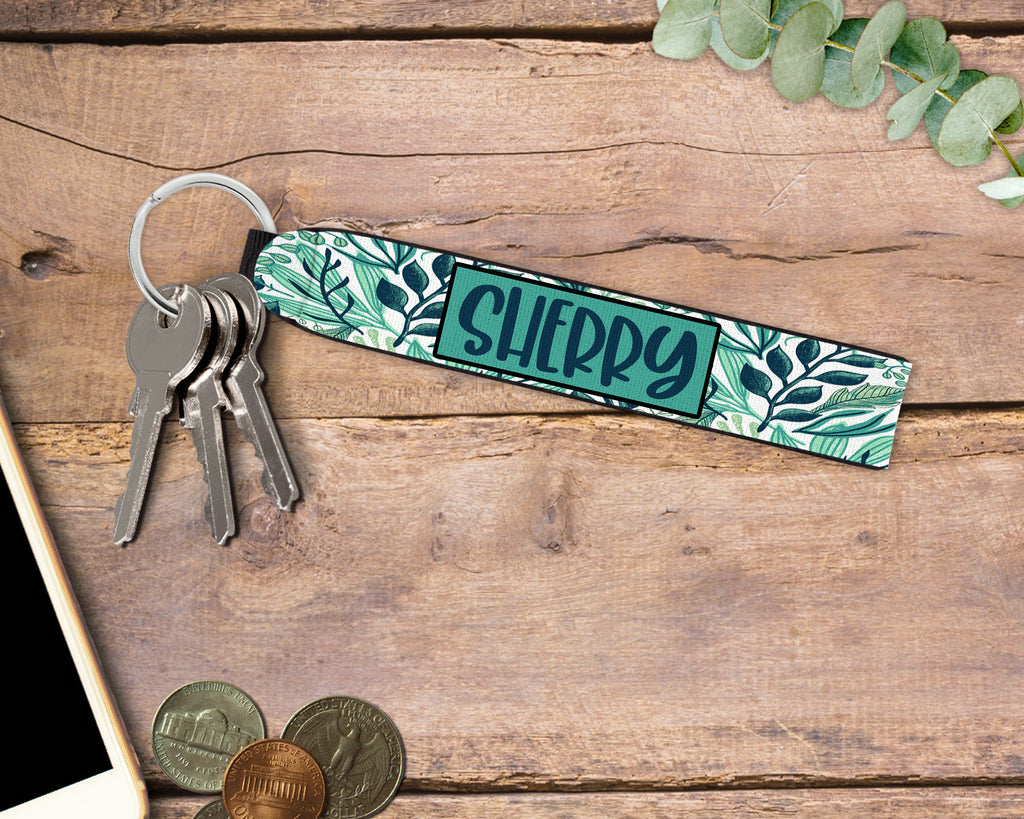 Personalized Wristlet Keychain, Tropical Leaves Key Fob, Custom Keychain