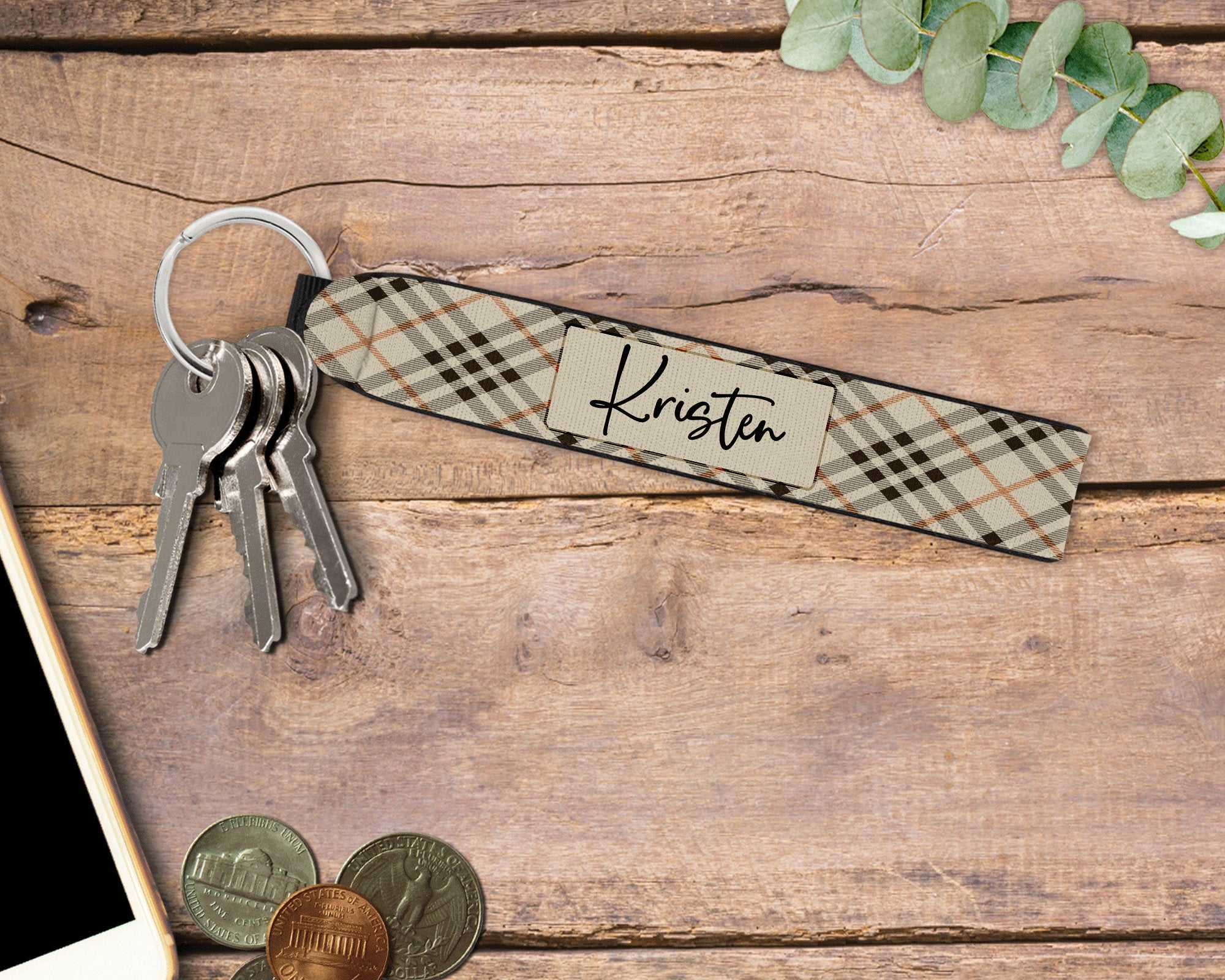 Personalized Wristlet Keychain, Tan Plaid Key Fob, Custom Keychain