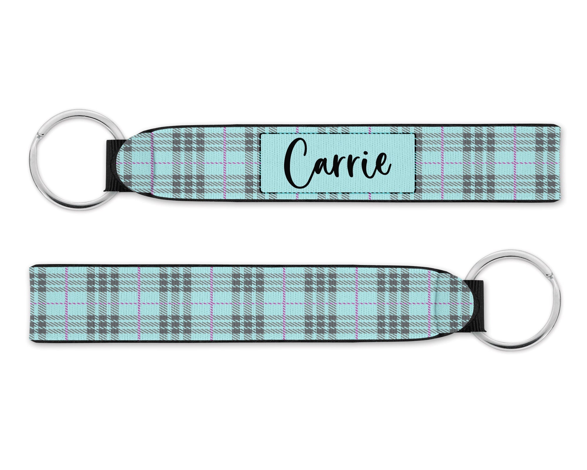 Personalized Wristlet Keychain, Light Blue Plaid Key Fob, Custom Keychain