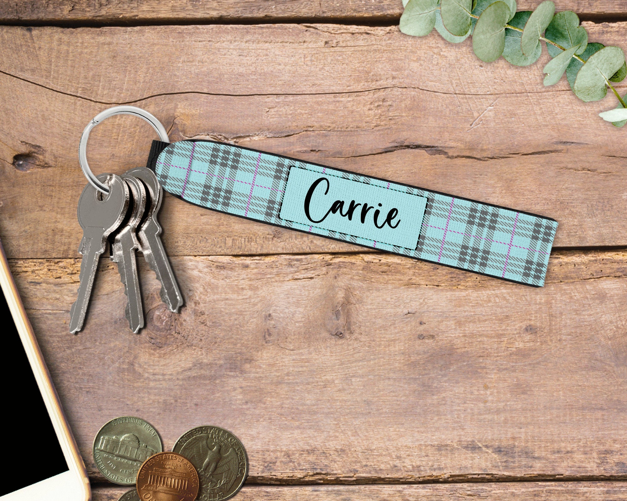 Personalized Wristlet Keychain, Light Blue Plaid Key Fob, Custom Keychain
