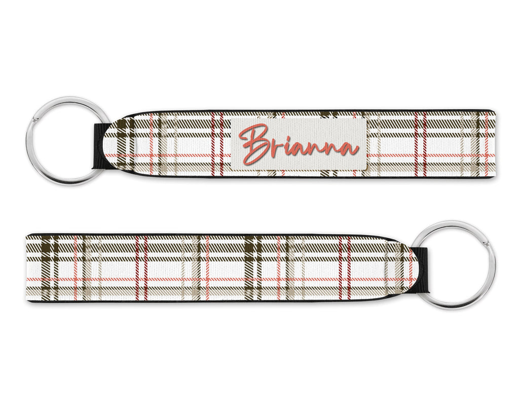 Personalized Wristlet Keychain, White Plaid Key Fob, Custom Keychain