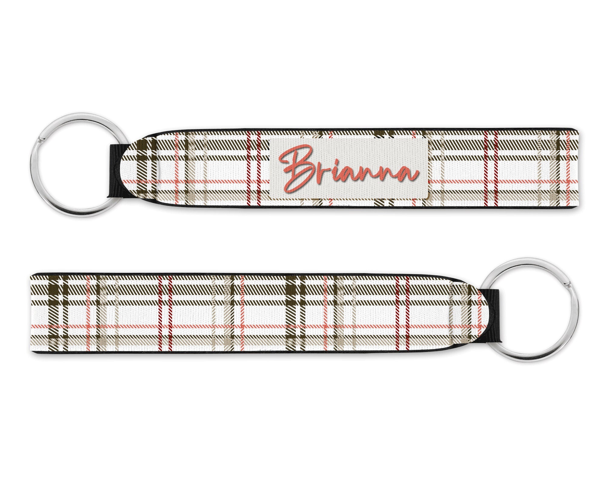 Personalized Wristlet Keychain, White Plaid Key Fob, Custom Keychain