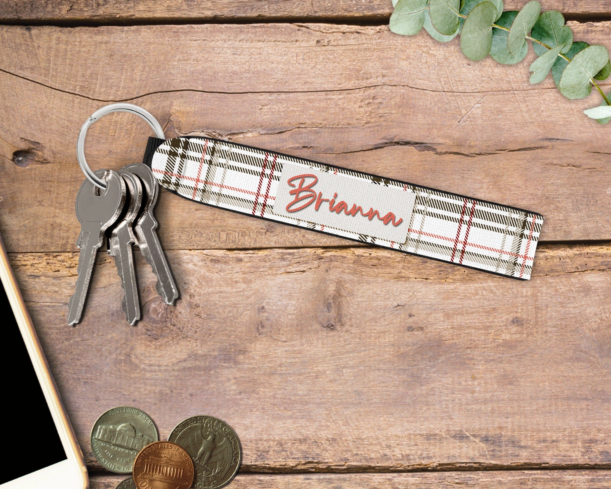 Personalized Wristlet Keychain, White Plaid Key Fob, Custom Keychain