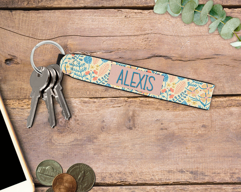 Personalized Wristlet Keychain, Yellow Floral Key Fob, Custom Keychain