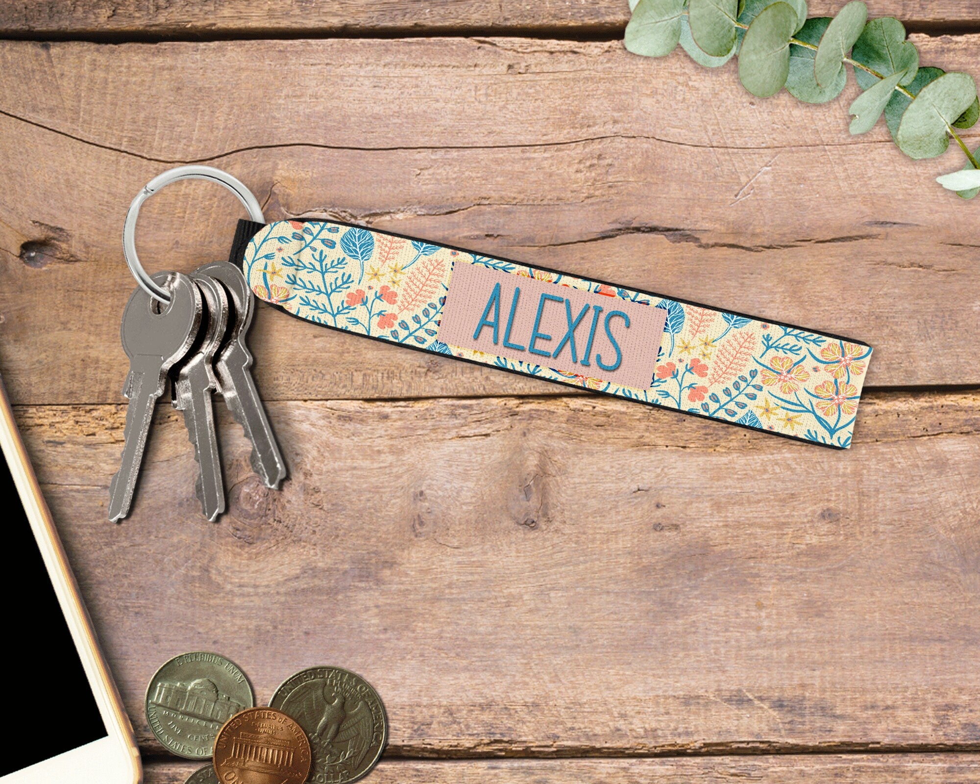 Personalized Wristlet Keychain, Yellow Floral Key Fob, Custom Keychain