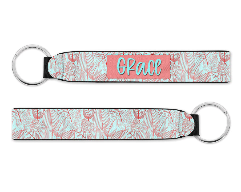 Personalized Wristlet Keychain, Coral Leaves Floral Key Fob, Custom Keychain