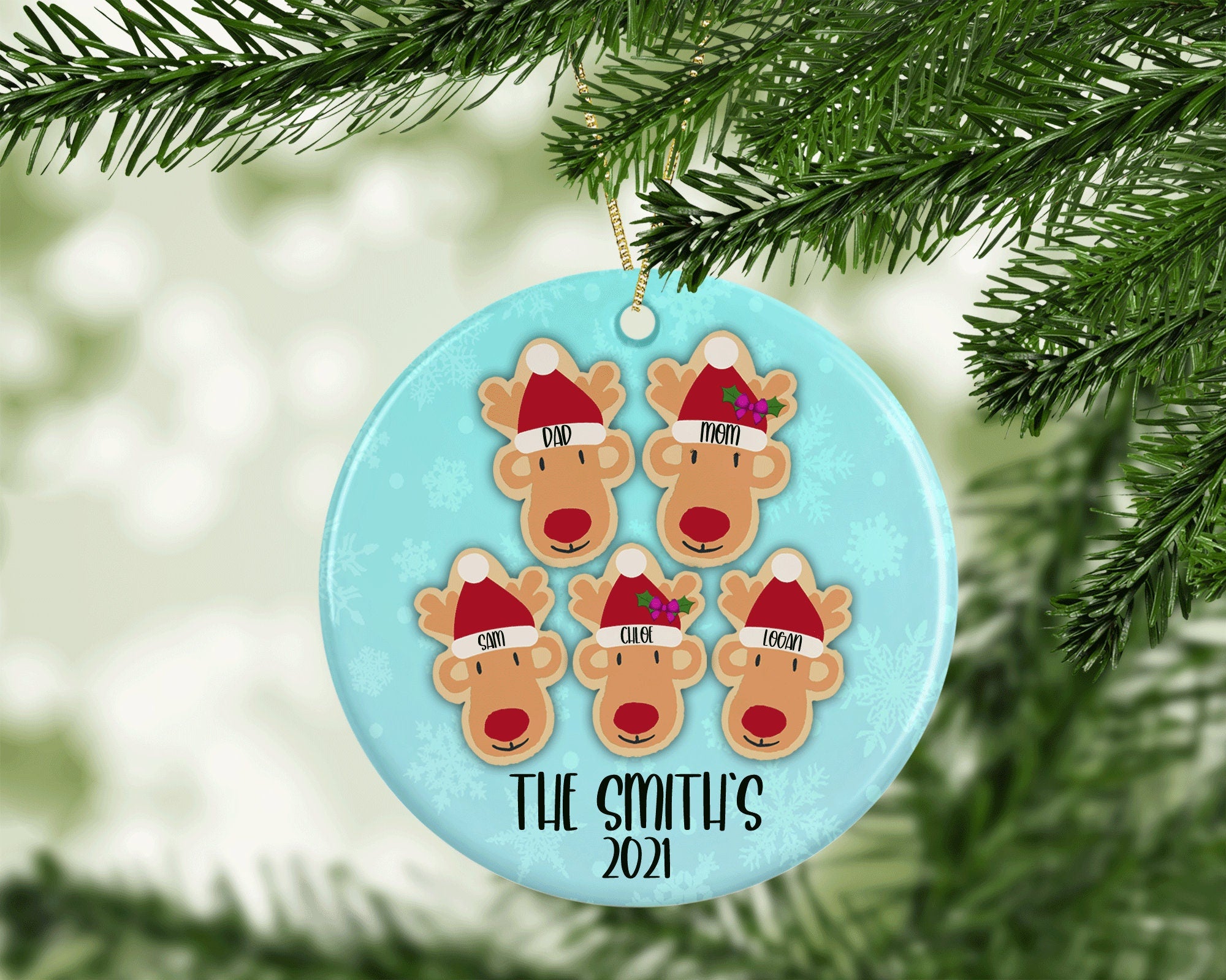 Personalized Family Reindeer Christmas Ornament, Custom Family Christmas Ornament