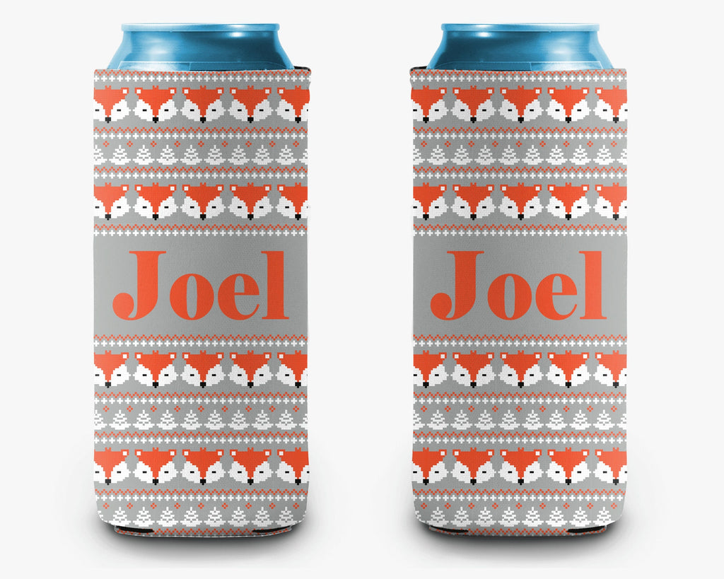 Ugly Christmas Sweater Can Cooler, Holiday Sweater Gray Green Personalized Can Cooler Sleeve