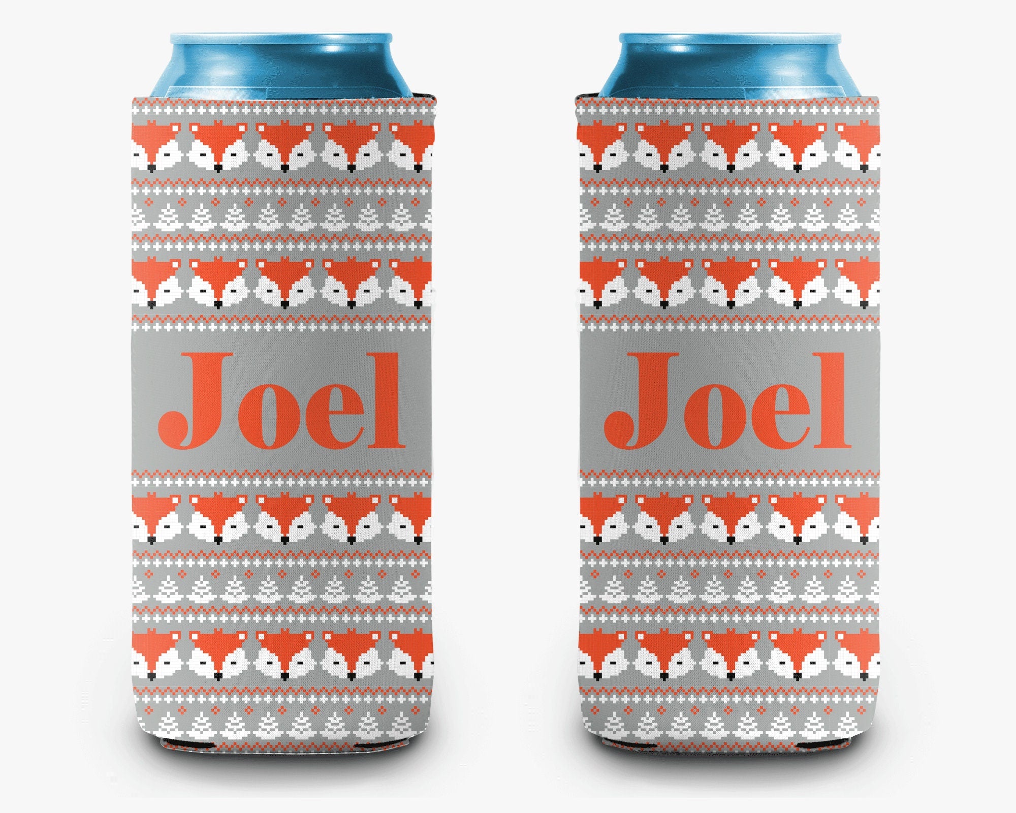 Ugly Christmas Sweater Can Cooler, Holiday Sweater Gray Green Personalized Can Cooler Sleeve