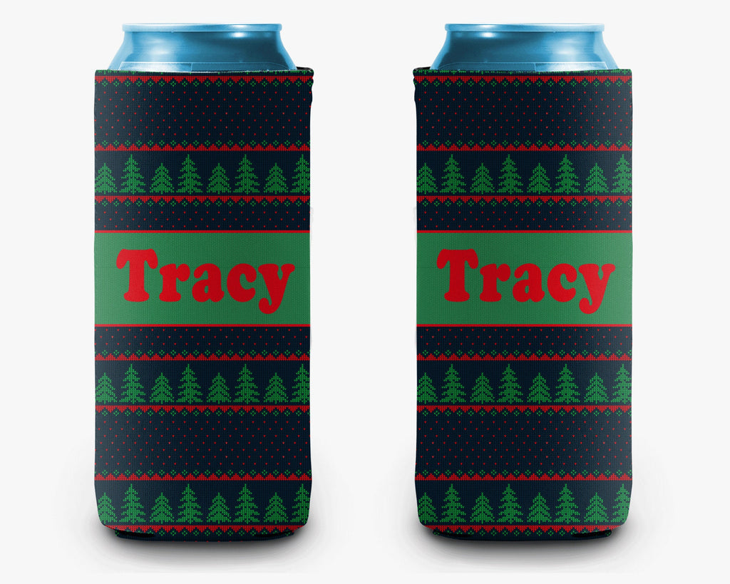 Ugly Christmas Sweater Can Cooler, Holiday Sweater Navy Green Personalized Can Cooler Sleeve