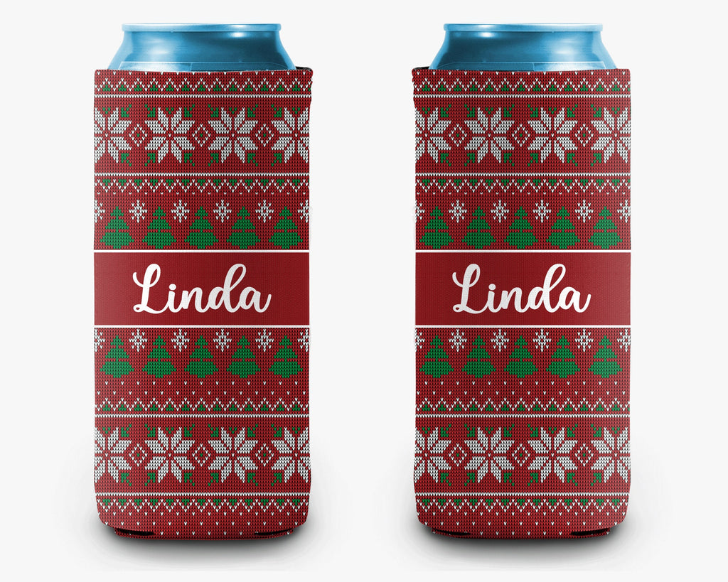 Ugly Christmas Sweater Can Cooler, Holiday Sweater Red Personalized Can Cooler Sleeve