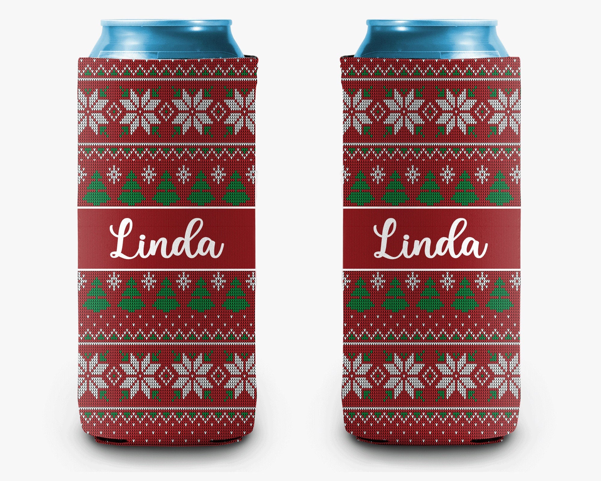 Ugly Christmas Sweater Can Cooler, Holiday Sweater Red Personalized Can Cooler Sleeve