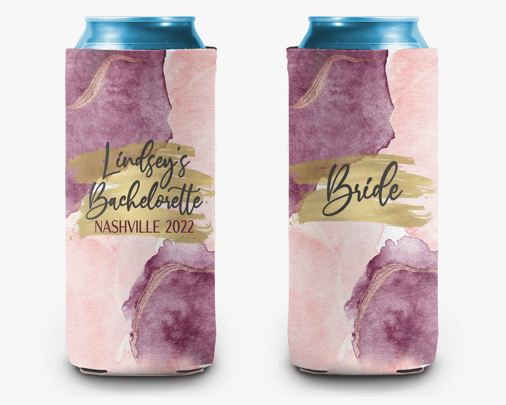 Bachelorette Party Purple Pink Gold Can Cooler Girls Trip Personalized Can Cooler Sleeve