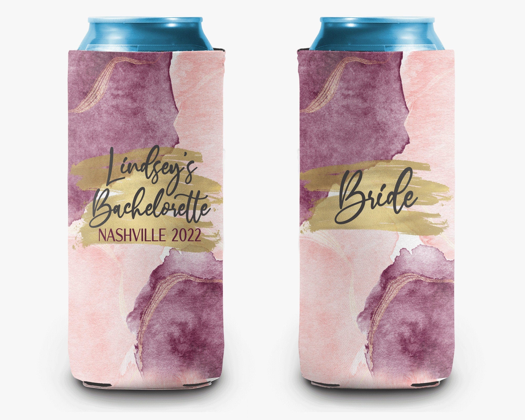 Bachelorette Party Purple Pink Gold Can Cooler Girls Trip Personalized Can Cooler Sleeve