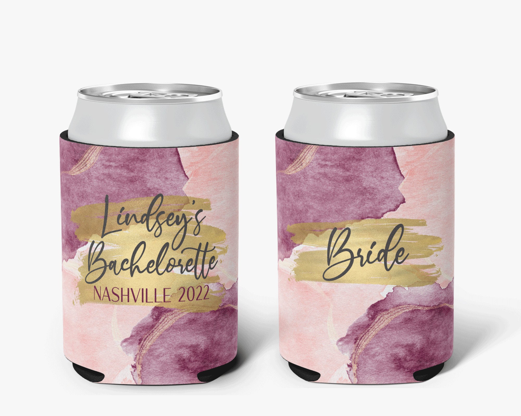 Bachelorette Party Purple Pink Gold Can Cooler Girls Trip Personalized Can Cooler Sleeve