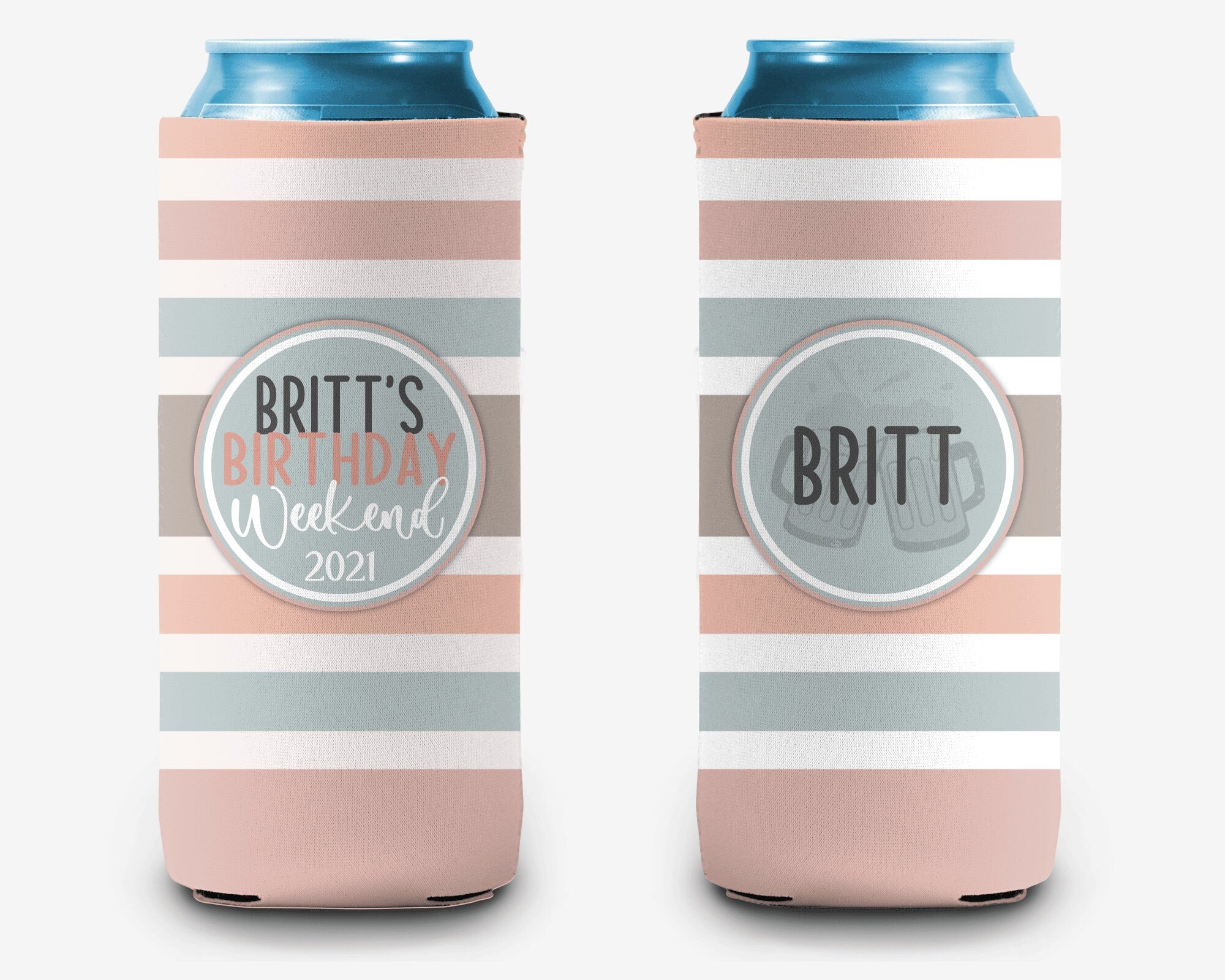Birthday Event Neutral Striped Can Cooler Pink Neutral Vacation Personalized Can Cooler Sleeve