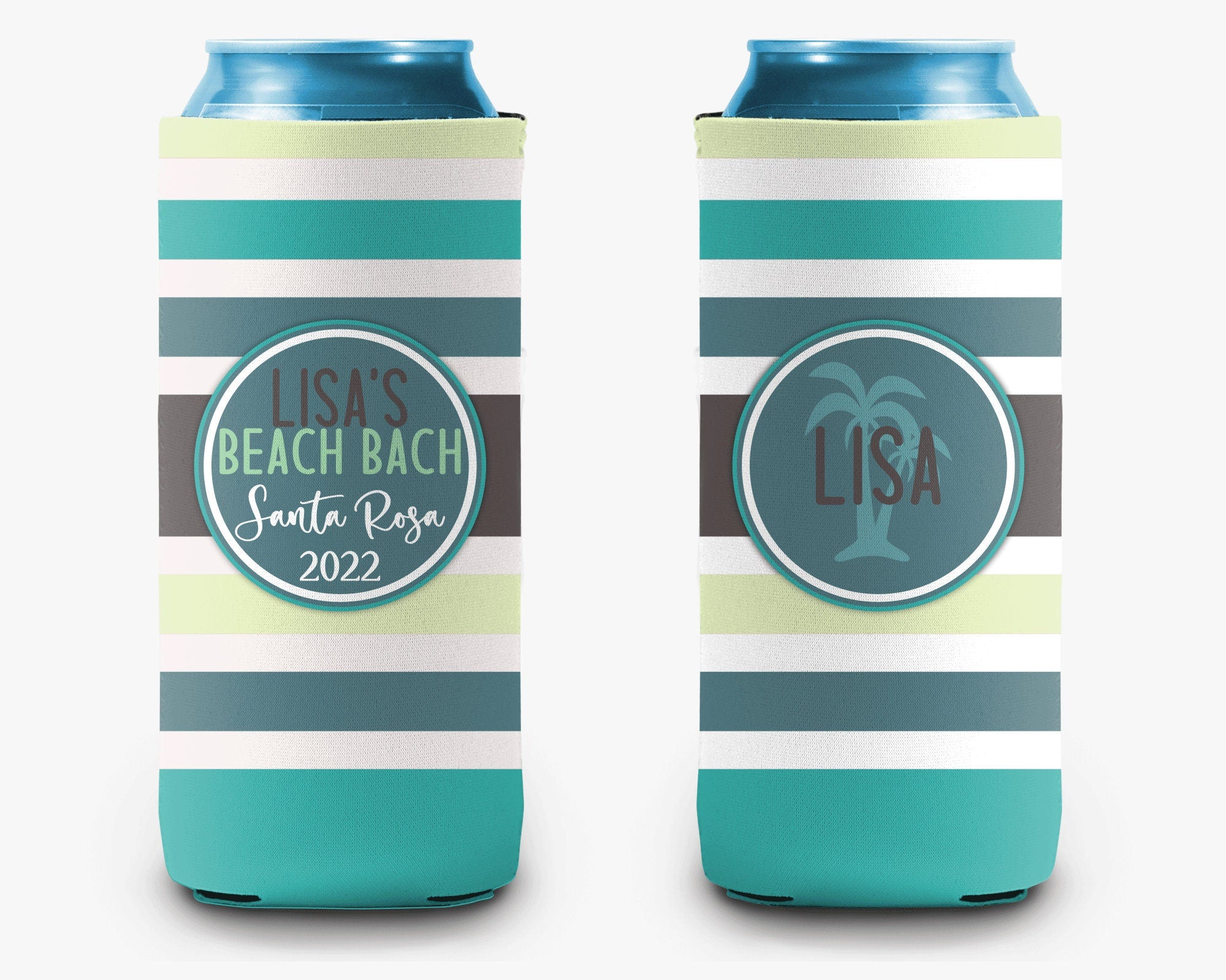 Aqua Blue Striped Can Cooler Bachelorette Birthday Event Vacation Personalized Can Cooler Sleeve